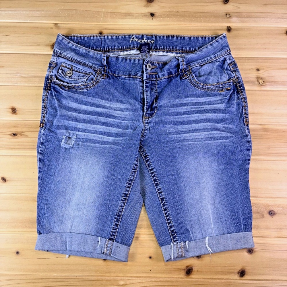 Amethyst Jean Shorts Womens 14 Distressed Bermuda Rolled Cuff Thick Stitch Denim